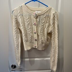 NWT Freshman 1996 Cream Cable Knit Sweater with Floral Buttons - S